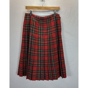 VTG Aljean Womens Holiday Wool Plaid Tartan Pleated  Midi Skirt A-Line Kilt 28 M